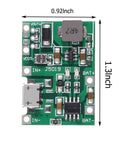 Six Pack TP4056 Battery Charger Module With Dual USB Boost Circuit For 18650 Lithium Ion Packs Quick Charge Discharge Step Up Board with 0.92x1.3 inch dimensions.