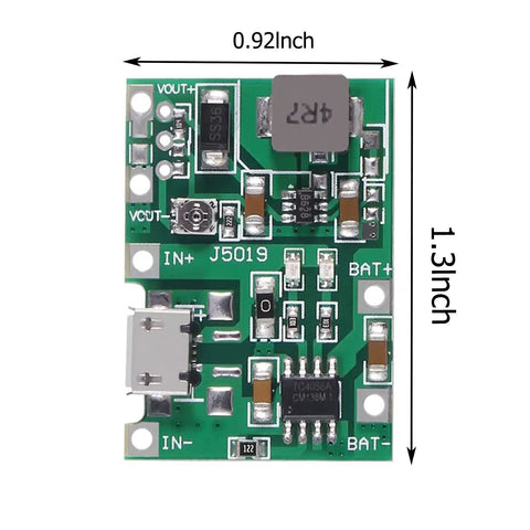 Six Pack TP4056 Battery Charger Module With Dual USB Boost Circuit For 18650 Lithium Ion Packs Quick Charge Discharge Step Up Board with 0.92x1.3 inch dimensions.