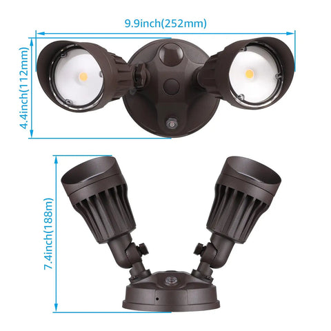 Adjustable Dual Head Dusk To Dawn Outdoor Security Light With Photocell, 20W LED 150W Equivalent, Bronze housing dimension view