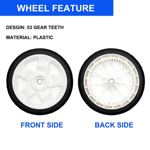 Front and back views of 8 Inch Front Drive Wheels Replacement Set of 2 For Lawn Mower Replaces 119-0311 137-4832 plastic wheels