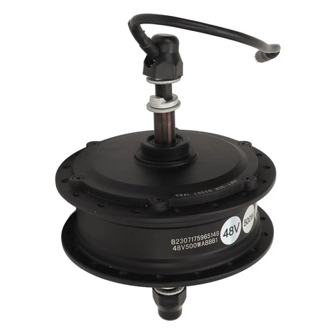 48V 500W Rear Drive Ebike Hub Motor With Brushless Design, Waterproof Metal Housing, side view showing cable connection