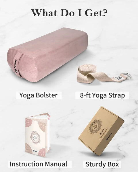 Rectangular Yoga Bolster Set With Carry Handle And 8 Foot Strap Restorative Soft Meditation Pillow Durable 38D Foam Filling Machine Washable Cover Great For Deep Stretchin And Safe Cushioned Support with strap, manual, and box