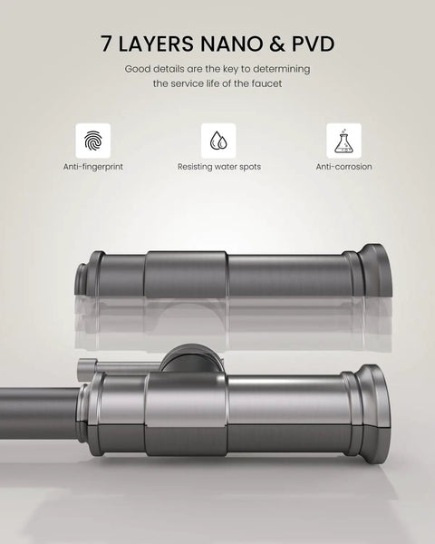 Black Stainless Kitchen Faucet With Pull Down Sprayer And Soap Dispenser, showing anti-corrosion and water-resistance features.