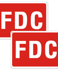 Rock Solid 2 Pack FDC Sign For Fire Department Connection made from premium aluminum outdoor plaque 10 by 7 inches red with white text.