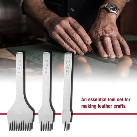 White Steel Leather Crafting Tool Set Featuring a 2.7mm Prong Stitching Chisel, shown with hands crafting leather