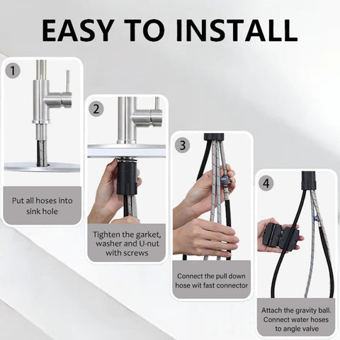 Easy to install instructions for the stainless steel faucet with detailed steps and connections for kitchen setup.