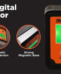 Magnetic Digital Angle Locator With LCD Backlit Display And Two Buttons, 0 To 90 Degrees, Absolute And Relative Measurements, front view.