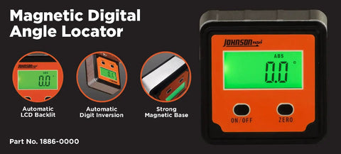Magnetic Digital Angle Locator With LCD Backlit Display And Two Buttons, 0 To 90 Degrees, Absolute And Relative Measurements, front view.