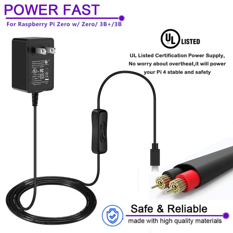 UL Listed Raspberry Pi Power Supply With Switch For Raspberry Pi 2, 3 And 3 B Plus, 5V 3A Micro USB showing on/off toggle