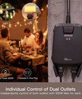 2 In 1 Outdoor Smart Dimmer Plug With Dual Outlets For Outdoor String Lights, 600W Total, 300W Per Outlet, IP64 Weatherproof