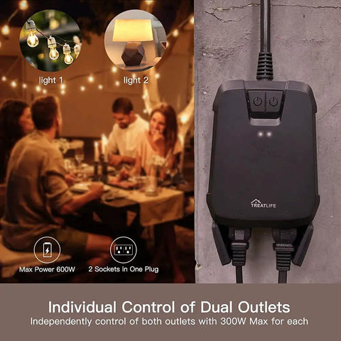 2 In 1 Outdoor Smart Dimmer Plug With Dual Outlets For Outdoor String Lights, 600W Total, 300W Per Outlet, IP64 Weatherproof