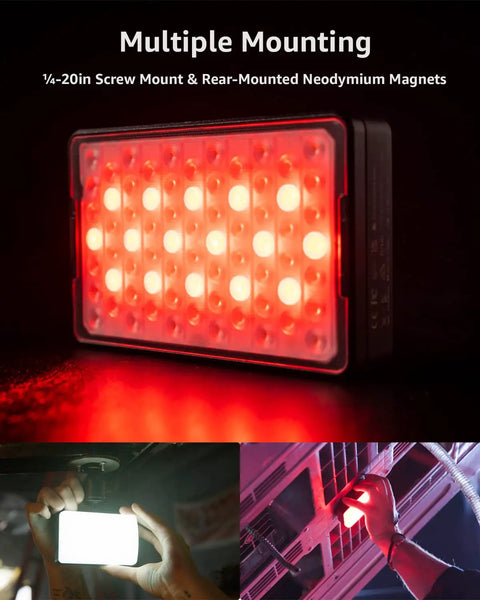 Pro Grade RGBWW LED Video Light Panel For Cameras showing rear magnet mount and red light in use