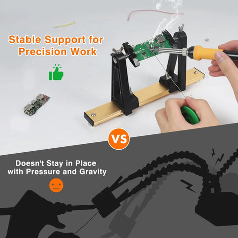 Hands using Magnetic PCB Holder With 360 Degree Rotation And Helping Hands For Soldering And Repair Portable Aluminum Base Space Saving.