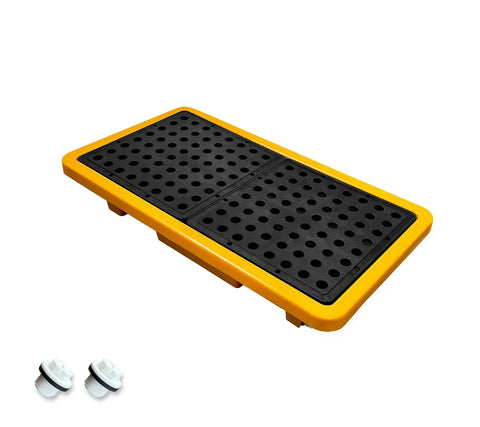 Spill Containment Pallet With Drain For Countertops And Labs, 5.3 Gallon Capacity, 26 X 14 X 4.7 Inch, Heavy Duty HDPE, in yellow and black