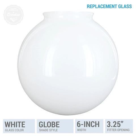 6-Inch White Glass Globe Lamp Shade With 3.25-Inch Fitter Opening For Pendant Lights And Wall Sconces Replacement Shade