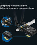 Close-up of WiFi 6 PCIe Card For Desktop PC With AX3000 Speeds Up To 2.4Gbps Bluetooth 5.2 showing gold plating and dual antennas