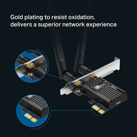Close-up of WiFi 6 PCIe Card For Desktop PC With AX3000 Speeds Up To 2.4Gbps Bluetooth 5.2 showing gold plating and dual antennas