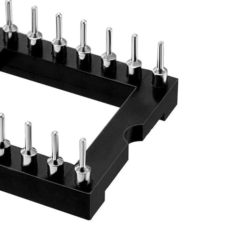Close-up of Two Row 24 Pin DIP IC Socket Adapter, 2.54mm Pitch, 15.24mm Row Spacing, black plastic and silver metal pins, angled view.
