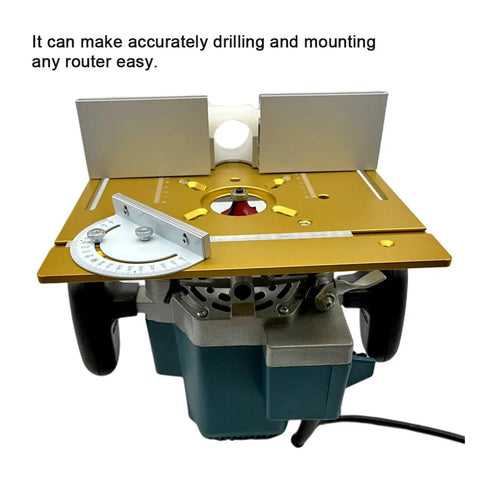 Heavy Duty Aluminum Router Table Insert Plate With Precision Center Guide Bushing mounted above router for accurate drilling.