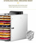 No Sweat Electric Food Dehydrator With 10 Roomy Stackable Trays, 1000 Watt Fruit And Veggie Dryer in brushed stainless steel design.