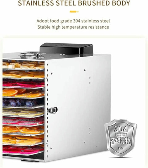 No Sweat Electric Food Dehydrator With 10 Roomy Stackable Trays, 1000 Watt Fruit And Veggie Dryer in brushed stainless steel design.