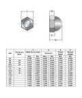 Diagram of stainless steel 1/4-20 acorn cap nuts with table showing dimensions, part of 50 piece set, 18-8 304 grade.