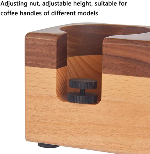 Sturdy Wood Espresso Tamper Holder And Coffee Grind Catch Tray With Non Slip Grip showing adjustable nut for height.
