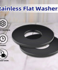 50 Piece M6 X 12mm Flat Washers Black Coated 304 Stainless Steel Heavy Duty Corrosion Resistant on wooden background.