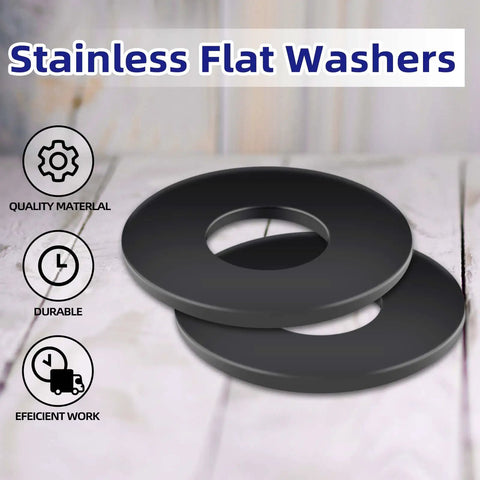 50 Piece M6 X 12mm Flat Washers Black Coated 304 Stainless Steel Heavy Duty Corrosion Resistant on wooden background.