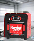 Front view of a red and black automotive smoke leak tester device with Smoke Detector label.
