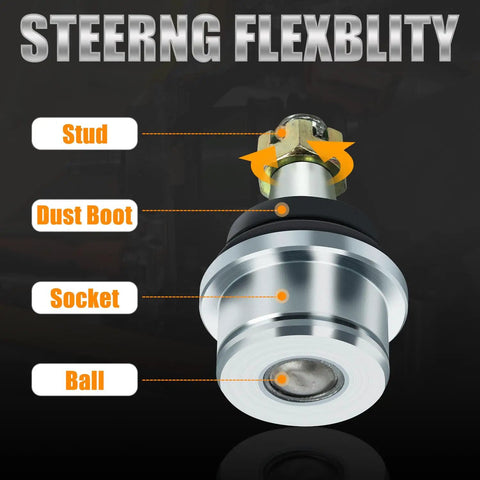 Beefed Up Front Upper And Lower Ball Joint Kit For Honda FourTrax Rancher 350 2000-2006, Rancher 400 2004-2007, Selected Rancher 420 2007-2014 Replaces 51355-HP5-601 51375-HP5-601, 4 Pack front ball joint cutaway showing stud, dust boot, socket, and ball