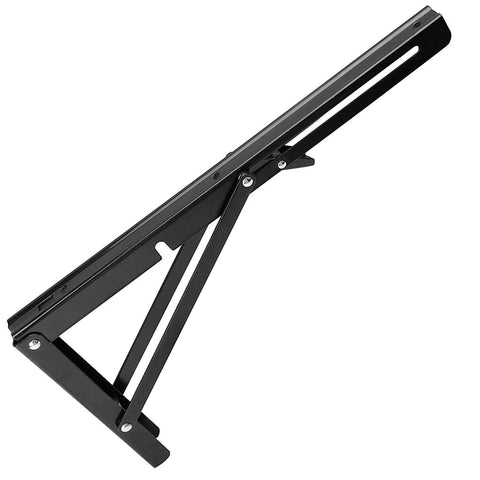 Side view of a black 14-inch folding shelf bracket with hinged support arm