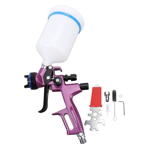 Professional Grade Pneumatic HVLP Spray Gun Kit With 1.3Mm Tip And 600Ml Cup for furniture painting, featuring purple gun and accessories.