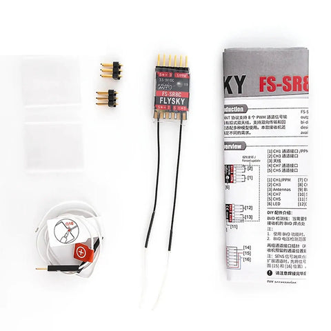 2.4GHz ANT Protocol 8CH RC Receiver With Dual Antennas Rock Solid Two Way Link PWM Outputs For Great Control Compatible With Flysky FS-ST8 Transmitter Perfect For RC Airplanes And Robots, showing contents including receiver, cables, and manual on white background.
