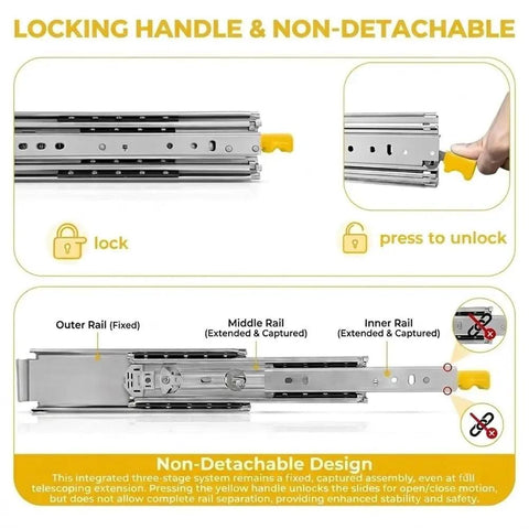 Beefy 500 Lb Drawer Slides With Lock Side Mount Runners 76mm Wide Heavy Duty Steel Tracks Perfect For Tool Chests Generator Trays And Truck Bed Storage Sturdy 1 Pair, locking handle non-detachable design