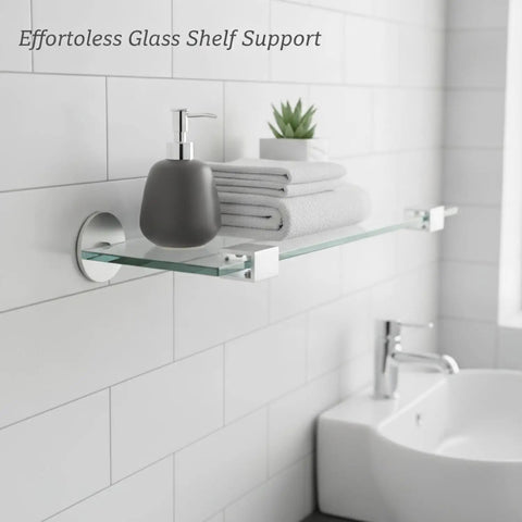 Glass Shelf Clip Clamp For 4 To 20mm Glass Thickness, Aluminum Silver Mount Bracket holding bathroom shelf with items