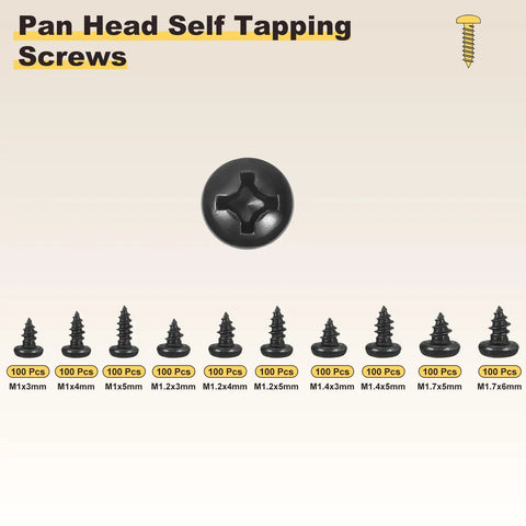 Heavy Duty 304 Stainless Steel Phillips Pan Head Self Tapping Screw Assortment Kit 1000 Pieces M1 To M1.7 displayed in sizes.