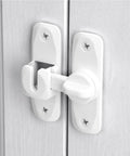 Matte White 90 And 180 Degree Barn Door Latch Zinc Alloy Flip Lock installed on white cabinet door
