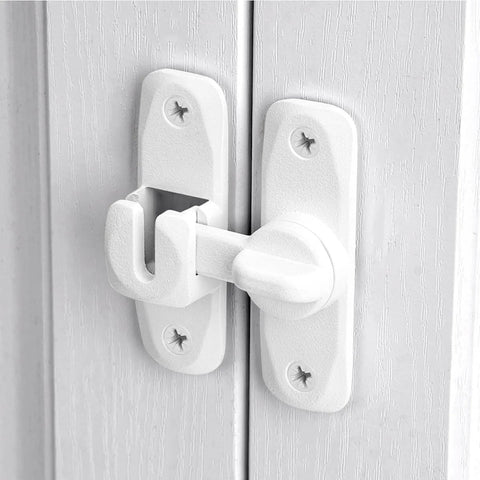 Matte White 90 And 180 Degree Barn Door Latch Zinc Alloy Flip Lock installed on white cabinet door