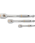 Three Piece Teardrop Ratchet Set With One Quarter Inch Drive Three Eighth Inch Drive And One Half Inch Drive 120XP Full Polish Finish Dual Stacked Pawls Sixty Tooth Gears For Tight Spots Smooth Spin Ergonomic Grip Heavy Duty. Three chrome ratchets in 1/4, 3/8, 1/2 in drives