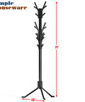 Tree Shaped Coat And Hat Organizer Rack With Eighteen Hooks For Entryway Or Bedroom Dope Space Saving Stand To Hang Coats Hats Scarves And Bags In Black Finish with 71" height and 23" base.