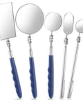 Five Piece Telescoping Inspection Mirror Set With Flexible Stainless Steel Handles Extendable Long Reach And 360 Degree Rotation Perfect For Auto Repair Vehicle Inspection And Reaching Tight Spots.