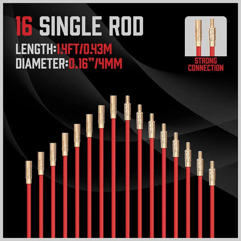 Fiberglass Wire Puller Kit For Electrical Cables Twenty Two Point Five Feet With 7 Attachments shown in 16 red rods