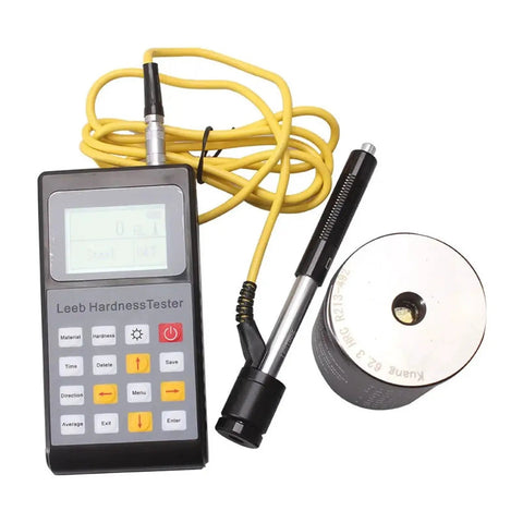Heavy Duty Portable Digital Brinell Hardness Tester For Metal And Alloy Analysis Featuring Rock Solid Stainless Steel Build Big Time Precision Sunlight Ready LCD Screen Smooth Operator Crank Handle Top Shelf Hardware Tool with yellow cable and probe.