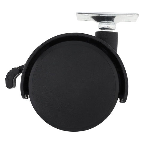 Front view of black 2 Inch Caster Wheels With Brakes, Swivel Nylon Plate Casters Set Of 4 for Rolling Carts and Tables, metal plate shown.