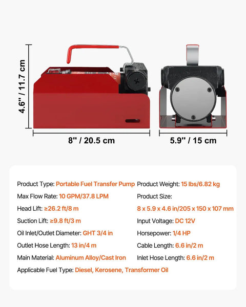 Diesel Fuel Transfer Pump Kit 12V 10 GPM With dimensions and specifications listed alongside product image.