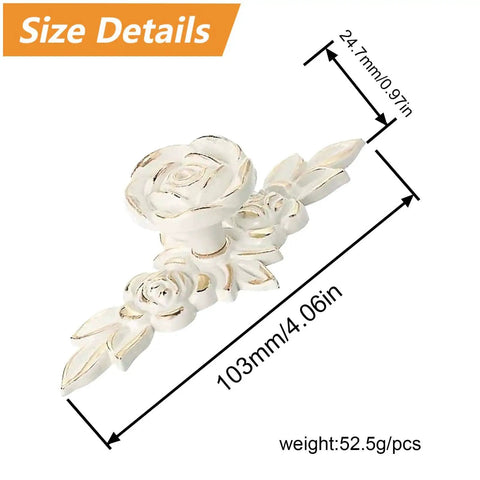 Euro Rose Cabinet Knobs With Backplates 2 Pack Vintage Zinc Alloy Handles With Retro Vibe For Wardrobe And Dresser Ivory White Drawer Pulls With Gold Edge Durable Build And Easy Install Includes Mounting Screws with dimensions and weight displayed