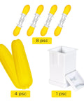 Twin Prong Corn Cob Holders And Butter Spreader Set for barbecue showing 8 yellow holders and storage box