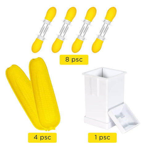 Twin Prong Corn Cob Holders And Butter Spreader Set for barbecue showing 8 yellow holders and storage box