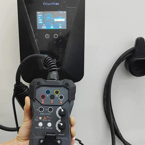 EVSE Charger Tester For Electric Vehicle Charging Stations Plug And Play Simulation Adapter connected to wallbox display.